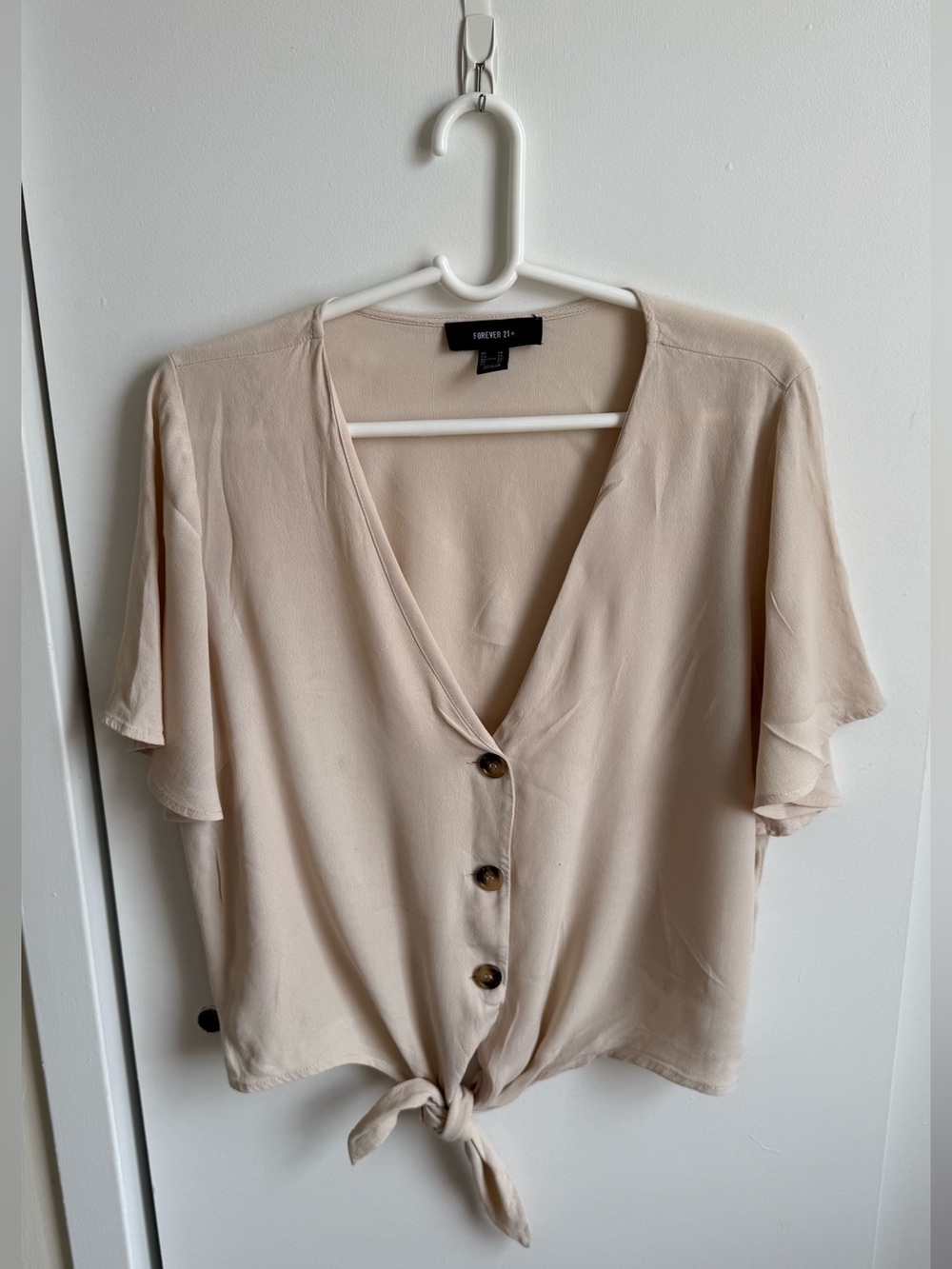 Forever 21 Beige Tie-Front Button V-Neck Blouse